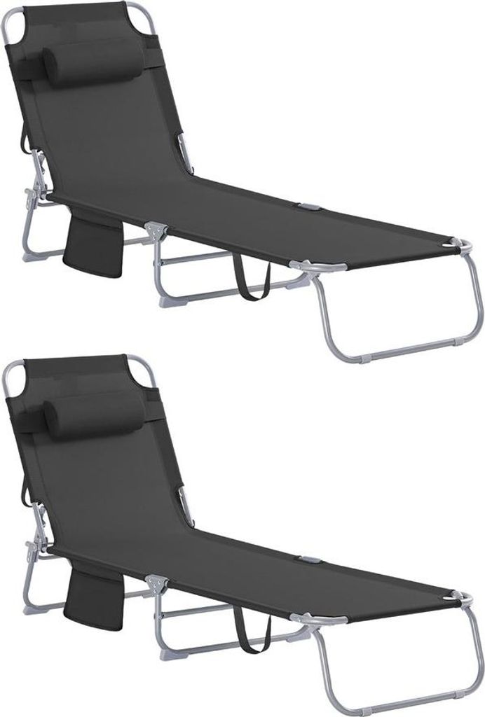 SoBuy Sonnenliege OGS35-SCHX2 2er Set: schwarze klappbare Liegestühle mit Kopfkissen und Seitentasche