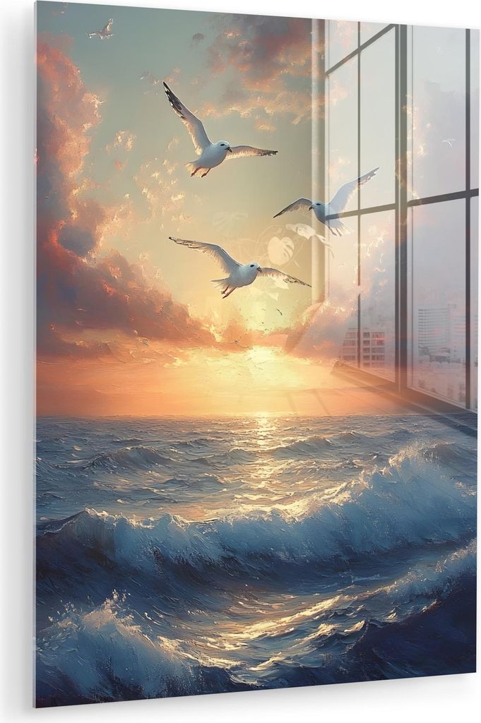 MuchoWow Glasbilder - Bilder auf Wandbild - Foto auf Glas Möwen - Sonnenuntergang - Meer - Wolken 60x80 cm Wanddekoration aus Glas - Acrylglasbild...