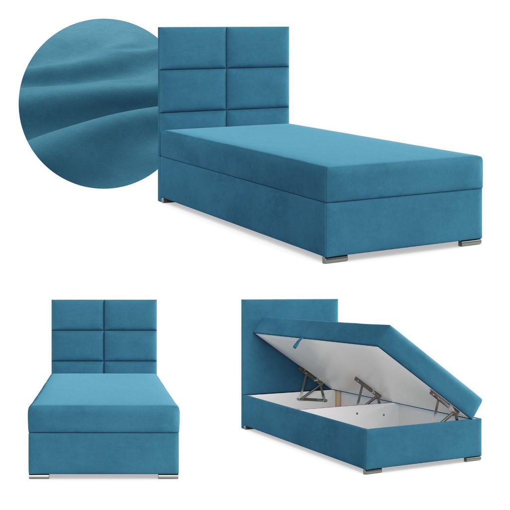 Boxspringbett mit Bettkasten Einzelbett 90x200 Polsterbett mit Kopfteil mit Bonell Matratze Jugendbett Kinderbett Samt-Velours CALVI Blau Meeresfarbe