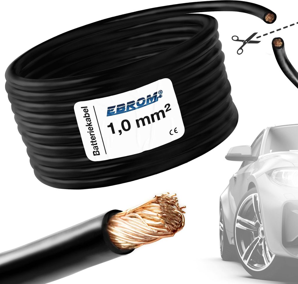 25 Meter EBROM FLRY 1,0mm2 Fahrzeugleitung - KFZ Leitung - Farbe: schwarz - Querschnitt 1,0 mm² (mm2) flexibel 90 ± 5 Shore 99,99% Kupfer Mantel ...