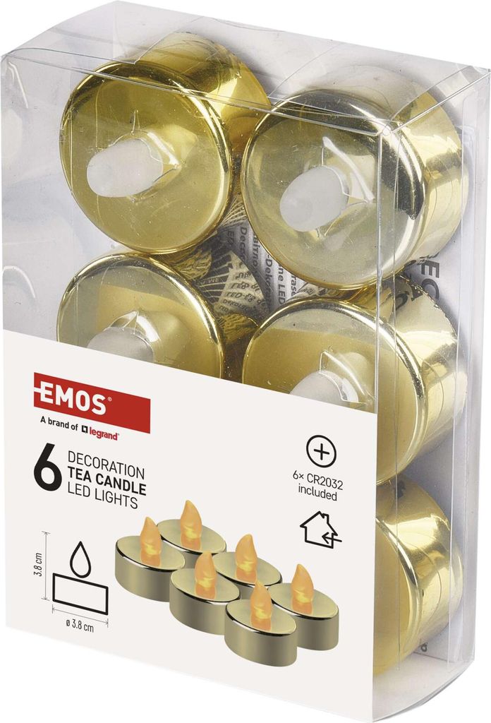 LED dekorace – čajová svíčka zlatá, CR2032, vnitřní, vintage, 6 ks