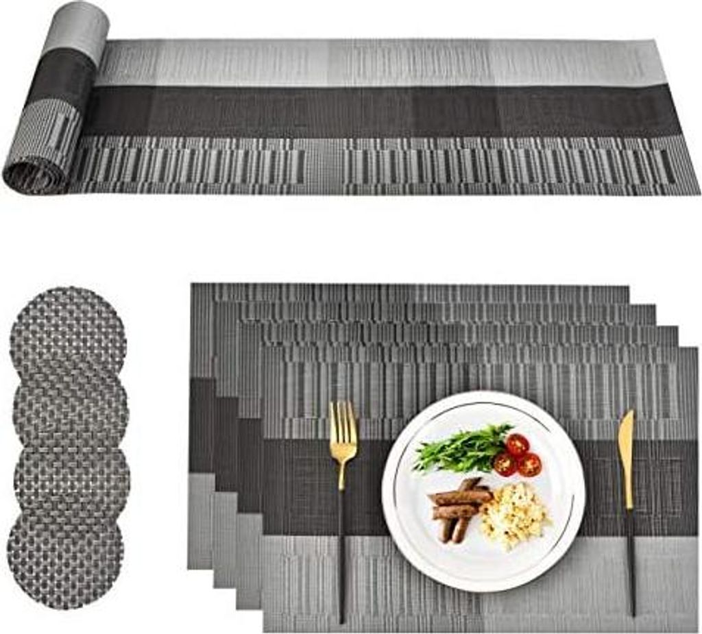 Platzsets PVC Abwaschbar, Tischsets Abgrifffeste Tischset Hitzebeständig, Platz-Matten Set 4 x Platzdeckche, 4 x Untersetzer und 1 x Tischläufer,...