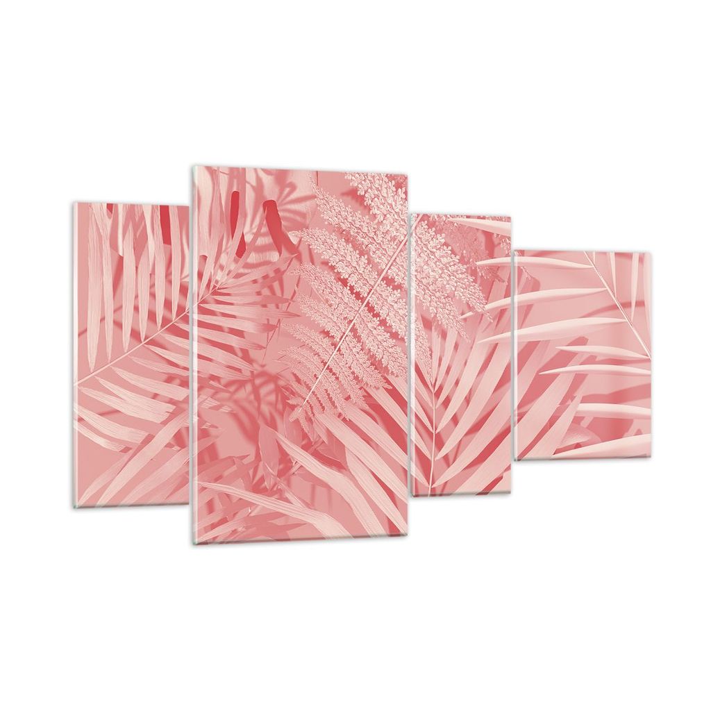 Bilder auf glas - 4 Teile - Rosa Blätter Palmen - 120x70cm - Glasbilder - Wandbilder - Bilder - zum Aufhängen bereit - Wanddekoration aus Glas - ...