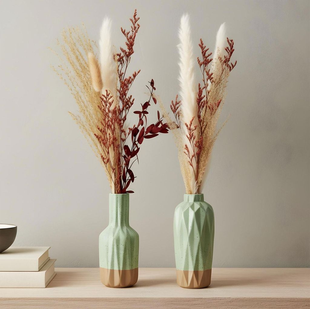 2er Set Deko Vasen H15cm Grün Braun Porzellan Blumenvase Tischdeko Blumendeko Boho Design Skandi Trockenblumen Wohnaccessoires
