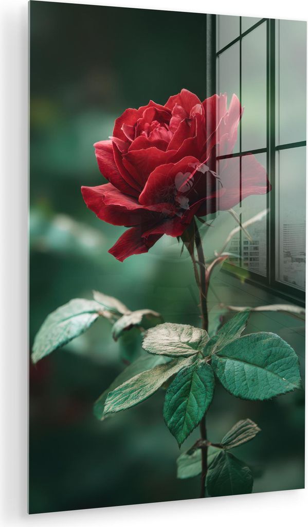 MuchoWow Glasbilder - Bilder auf Wandbild - Foto auf Glas Rose - Blätter - Tiefrot 60x90 cm Wanddekoration aus Glas - Acrylglasbild - Acrylbilder ...