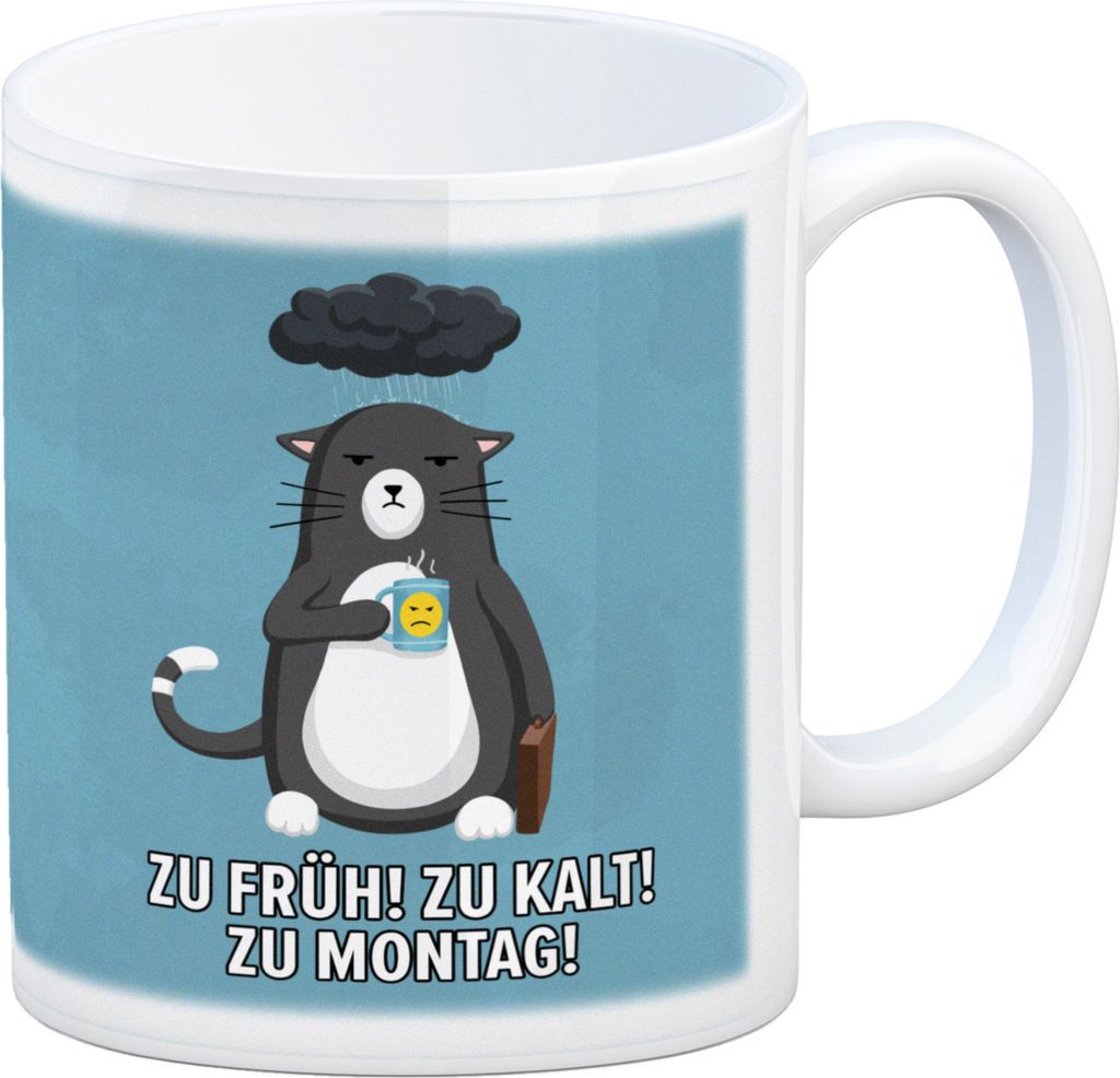 Zu früh, zu kalt, zu Montag witziger Kaffeebecher mit genervter Katze