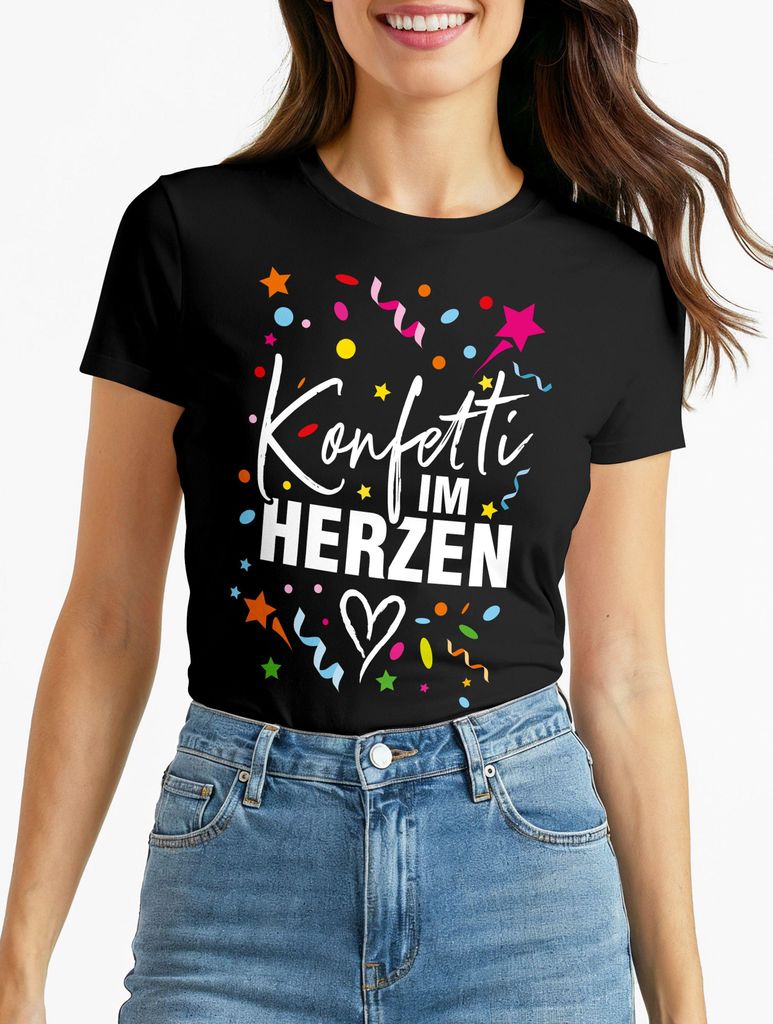 Damen T-Shirt Fasching Karneval Konfetti im Herzen Kostüm-Ersatz Verkleidung Funshirt Frauen Moonworks