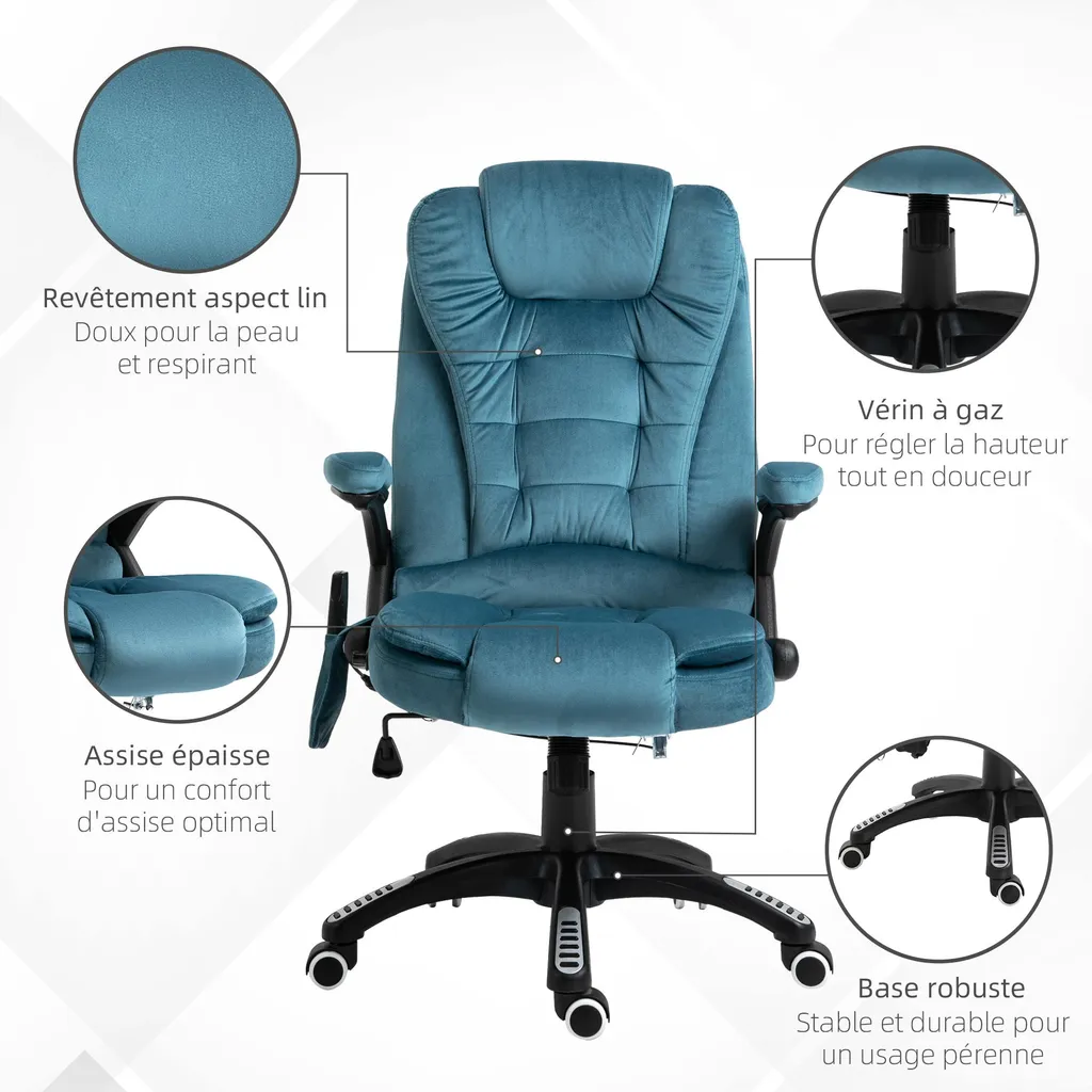 Fauteuil de bureau massant et chauffant en tissu bleu avec télécommande - 11