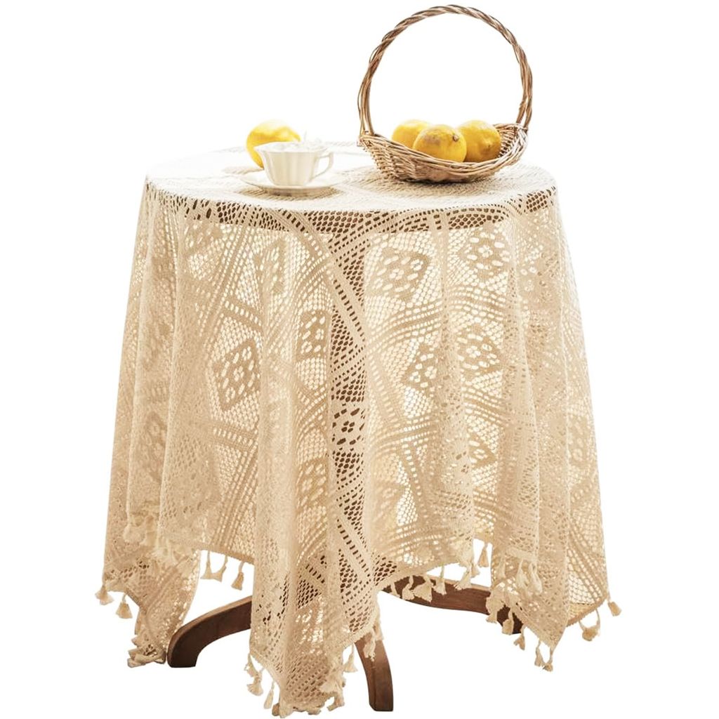 Vintage Rund Tischdecke Garten Spitze Tischwäsche mit Quaste Baumwolle Gewebte Durchbrochene Tischtuch Klein Tafeltuch für Outdoor Garten 150*180CM