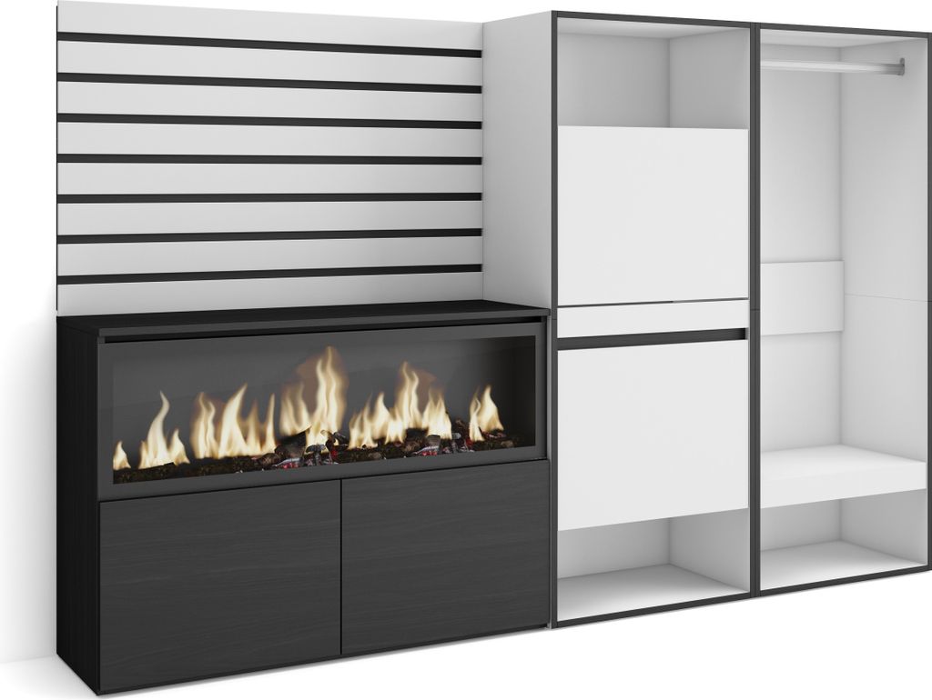 Sideboard, Kommode, 227x35x145 cm, Für Schlafzimmer, Zimmer, Elektrokamin XXL, Schuhschrank, Offener Kleiderschrank, Weiß