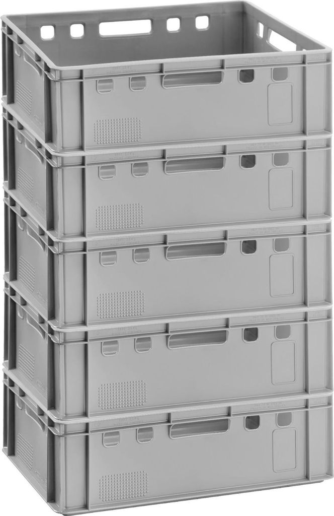 A stack of five grey plastic storage crates.