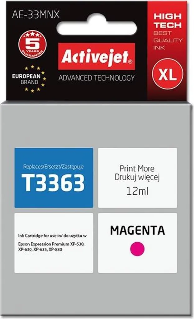 Cartouche pour Epson 33XL T3363 Magenta Activejet AE-33MNX 12ml XL