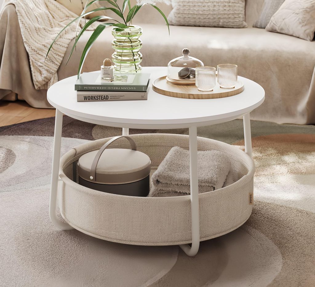 VASAGLE Couchtisch rund, Wohnzimmertisch mit Korb aus Stoff, modern, Mattweiß