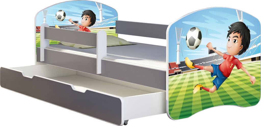 ACMA Jugendbett Kinderbett Junior-Bett Komplett-Set mit Matratze Lattenrost und Rausfallschutz Grau 13 Fußballer 140x70 + Bettkasten