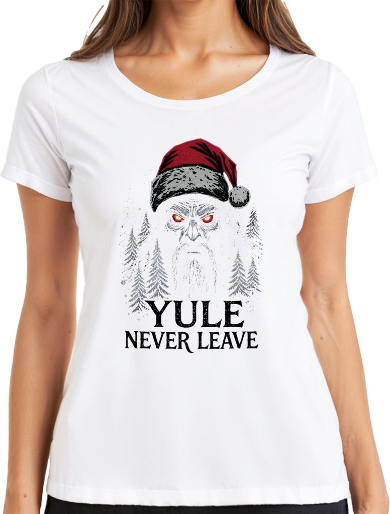 YULE NEVER LEAVE Grusel Weihnachtsmann Totenkopf rote Augen Bart Damen T-Shirt, Weiß, XXL