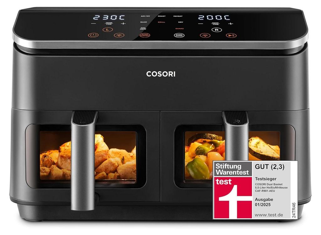 Heißluftfritteuse mit Doppelkammer, 8.5L Max Airfryer mit Zubehör, 50+ Online Recepte, 8 in 1 Funktionen, Sichtfenster, Energiesparend