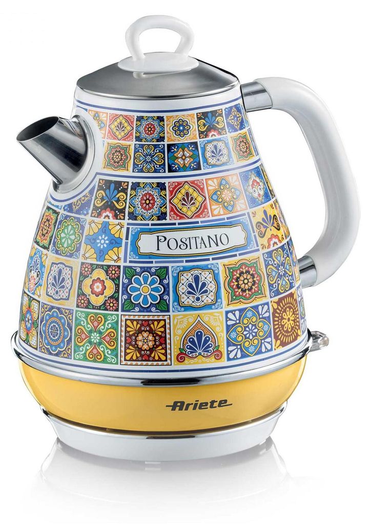 A decorative electric kettle with a colorful tile pattern.