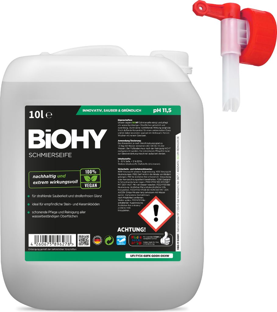 BiOHY Schmierseife (10l Kanister) + Auslaufhahn | Fußbodenreiniger KONZENTRAT | Natürliche Inhaltsstoffe | anwendbar auf allen empfindlichen Ober...