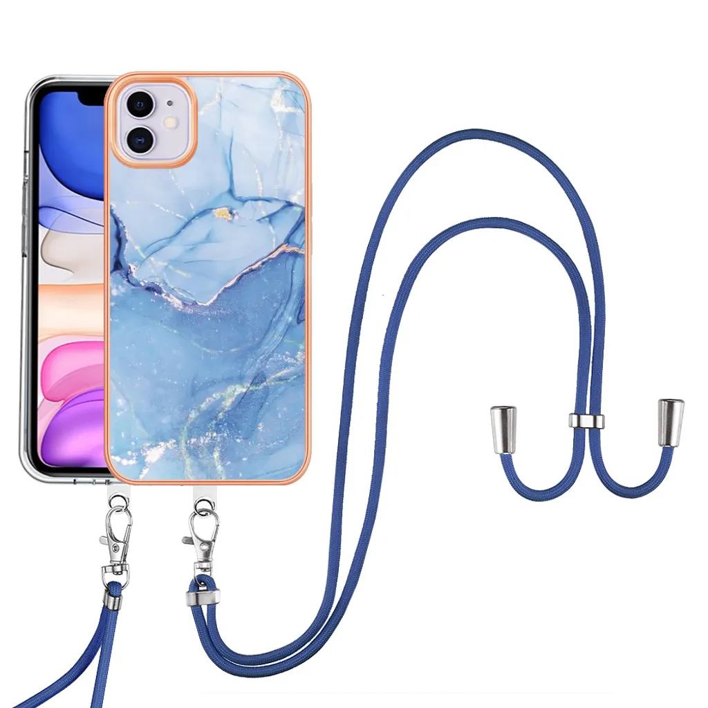 Custodia con cinturino per iPhone 11, bumper in TPU a fantasia, custodia protettiva con cinturino regolabile blu