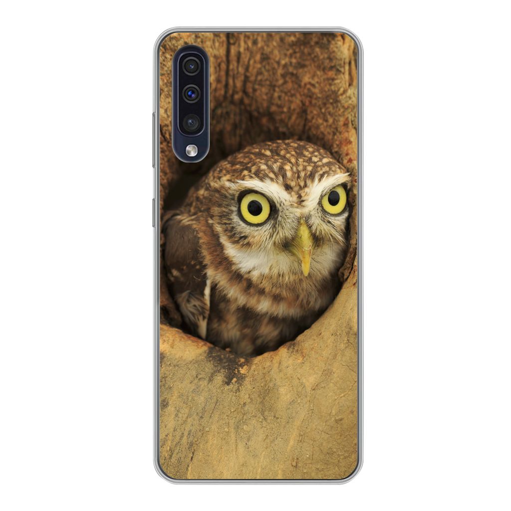 MuchoWow Handyhülle Schutzhülle Hülle für Samsung Galaxy A30s Braune Eule, die aus einem Loch in einem Baum schaut Silikon Softcase Handy Hü...