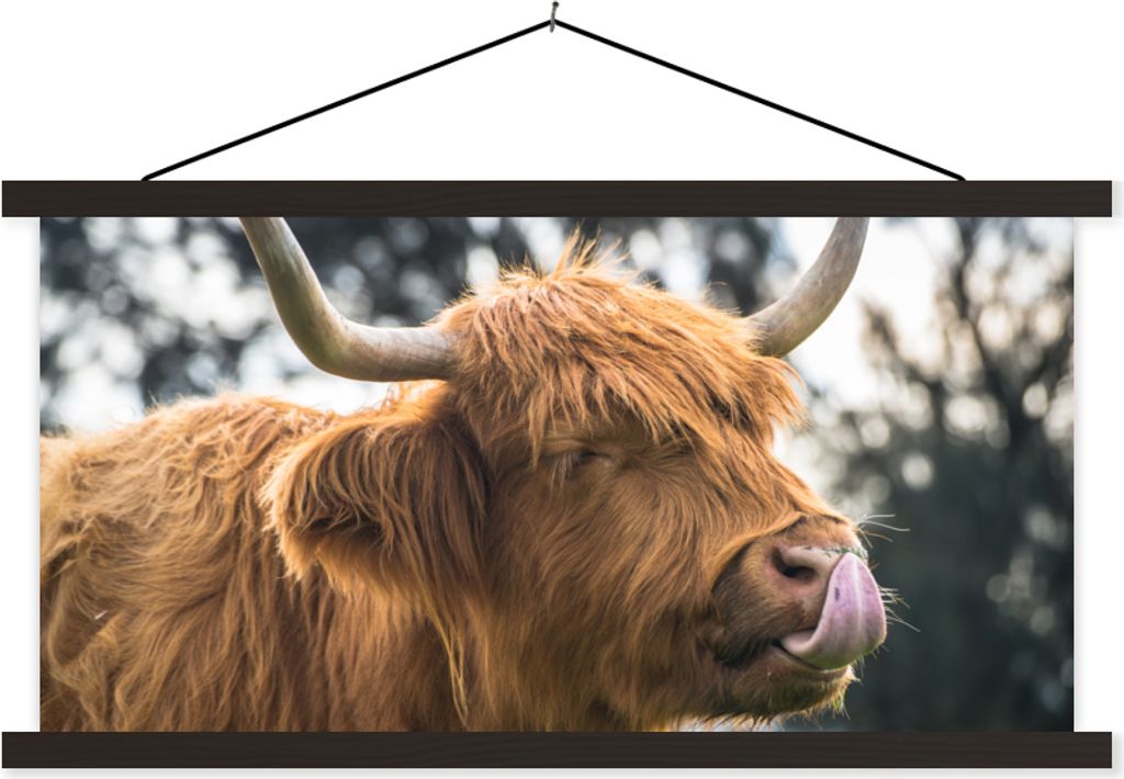 MuchoWow Textilposter Schottisches Hochlandrind - Nase - Baum 120x60 cm mit schwarzem Rahmen - Dekoration Schlafzimmer
