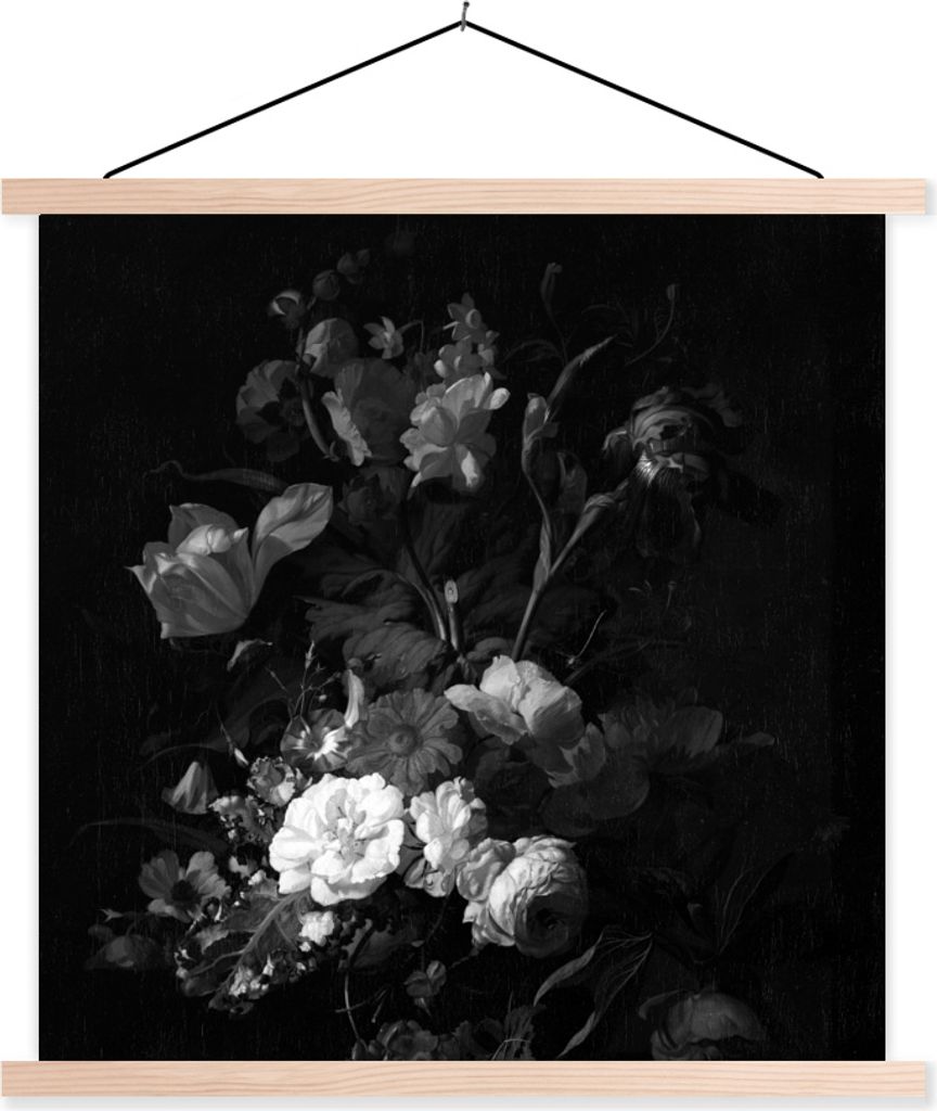 MuchoWow Textilposter Vase mit Blumen - Gemälde von Rachel Ruysch - schwarz und weiß 120x120 cm mit holzfarbenen Rahmen - Textil-Poster