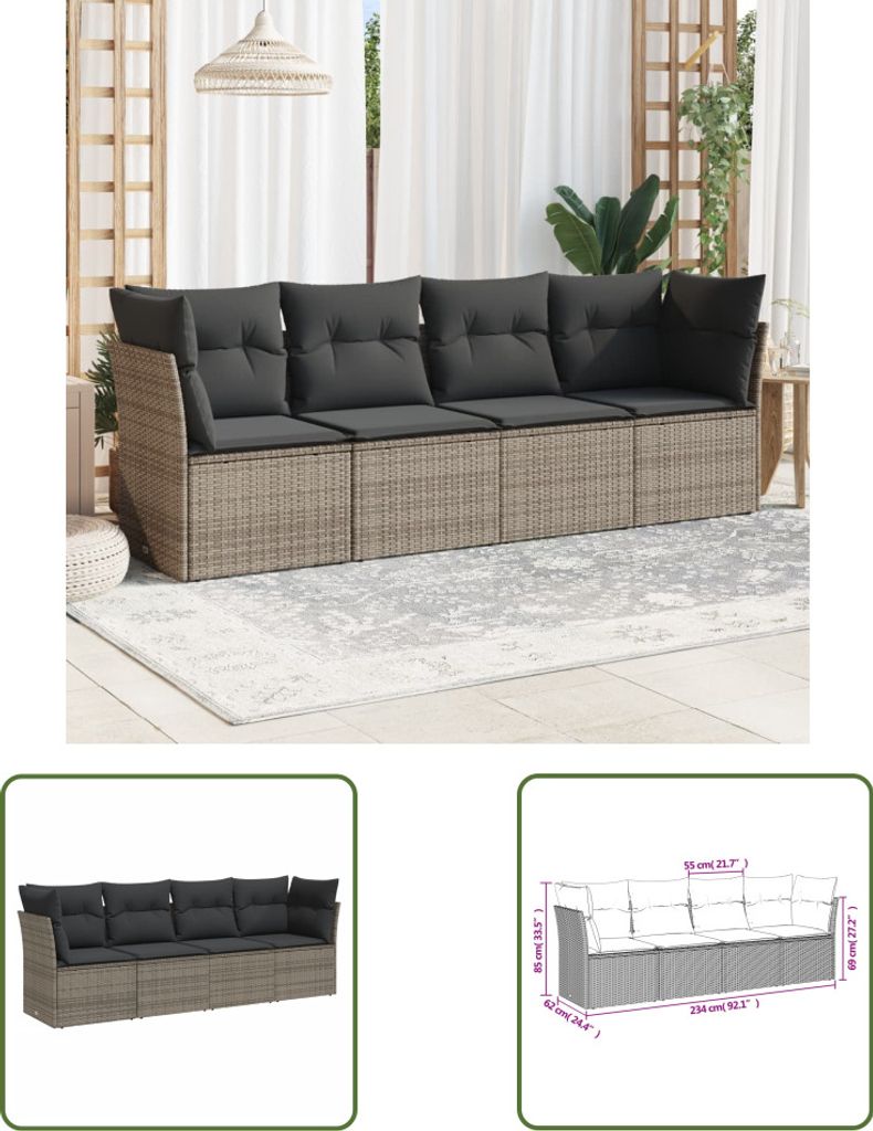 The Living Store 4-tlg. Garten-Sofagarnitur mit Kissen Grau Produktbild 