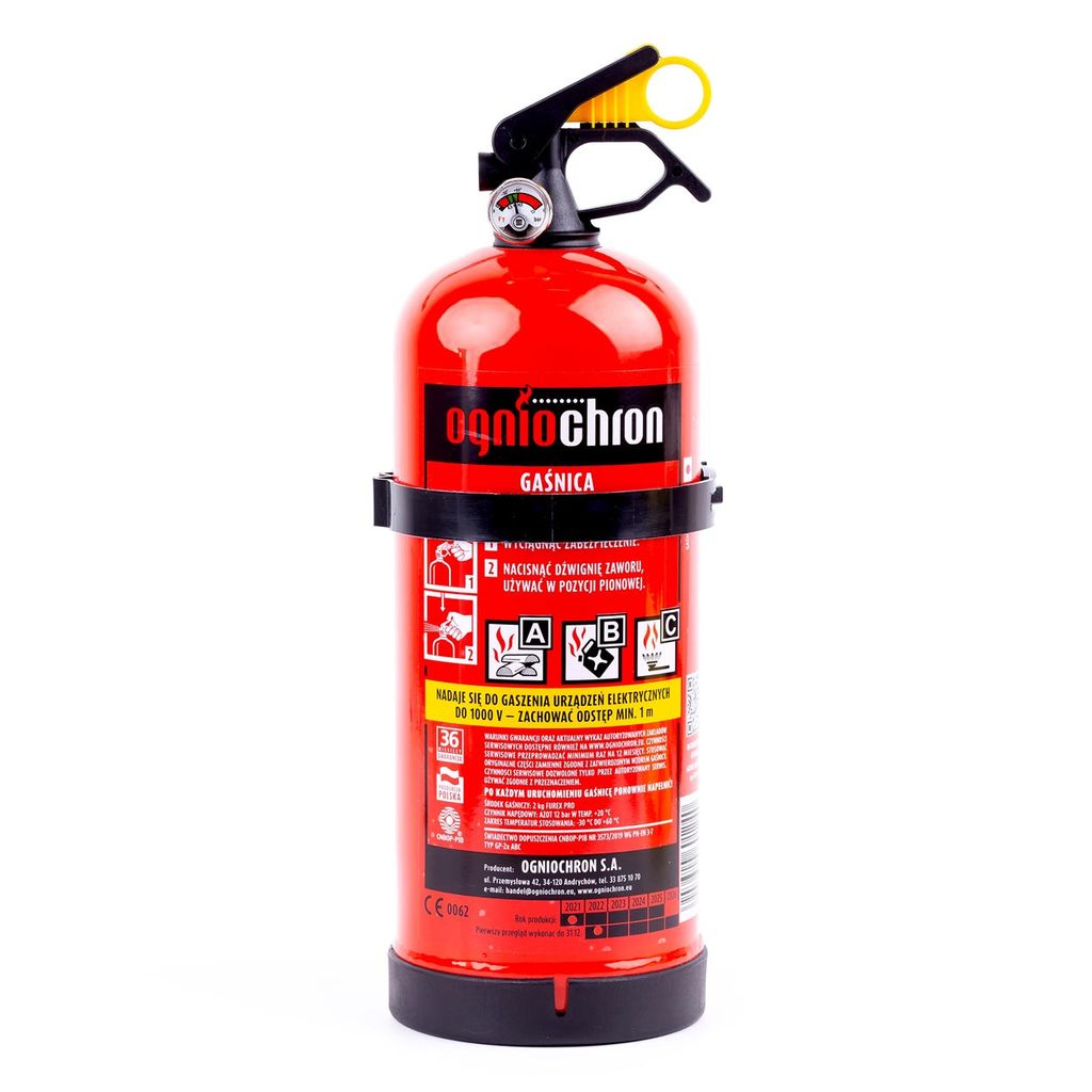 A red fire extinguisher with a black handle and yellow safety pin, shown against a white background.
