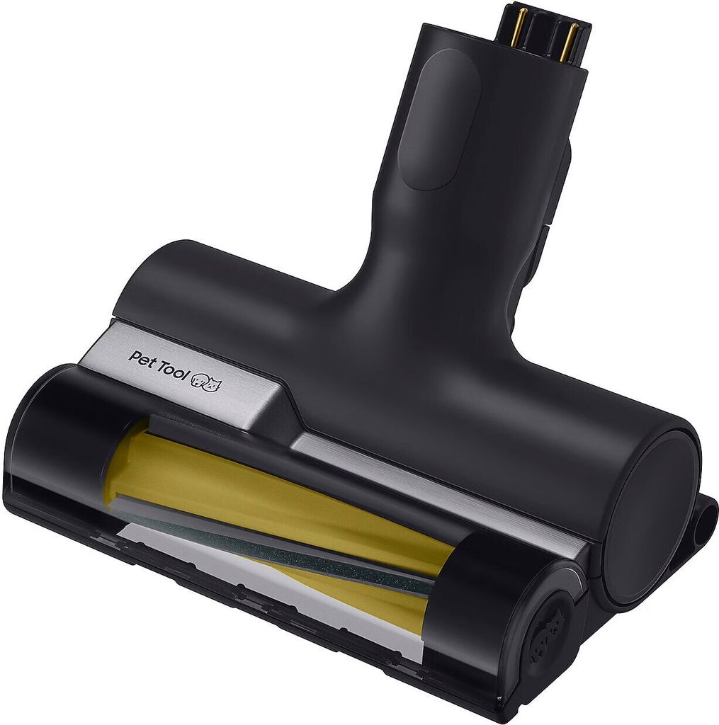 A black vacuum cleaner attachment with a yellow roller brush, labeled 'Pet Tool'.