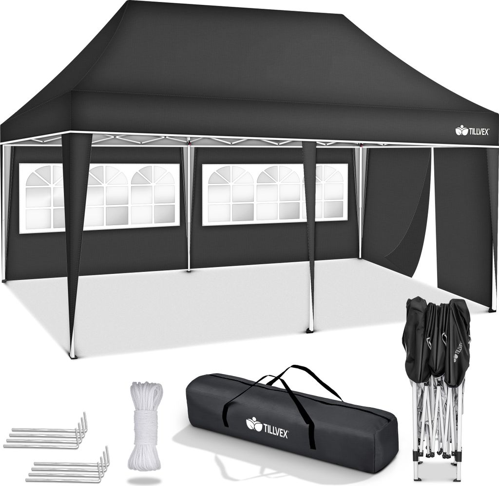 tillvex Pavillon 3x6m - mit 3 Seitenteilen Anthrazit wasserdicht | Pop-Up Faltpavillon höhenverstellbar | Gartenzelt UV Schutz 50+ | Partyzelt mit...