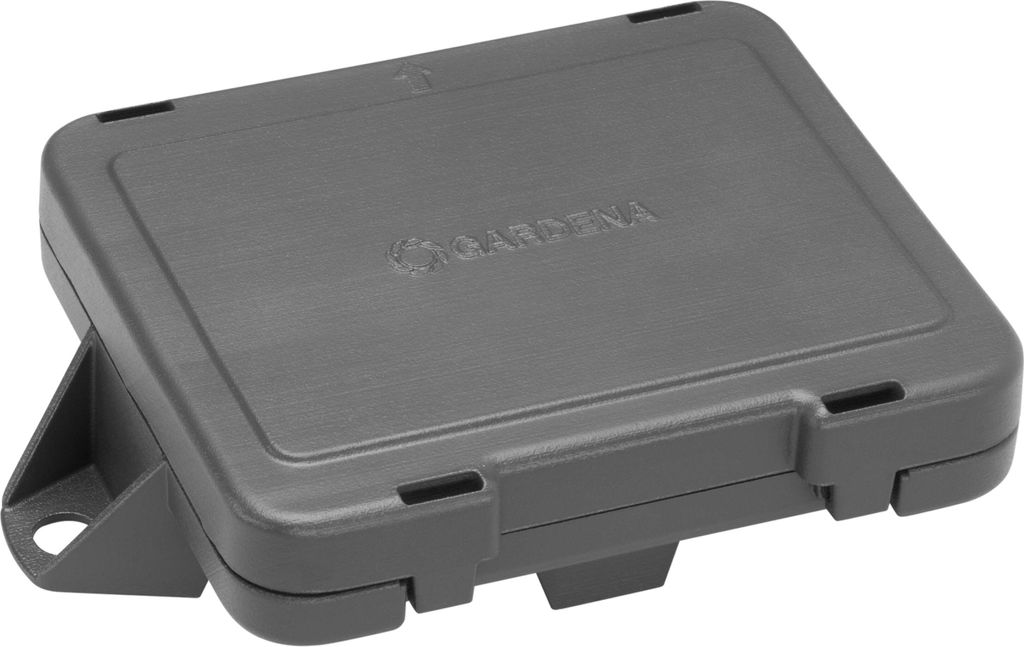 A dark gray Gardena winter protection box for cables, shown from a slightly elevated angle.