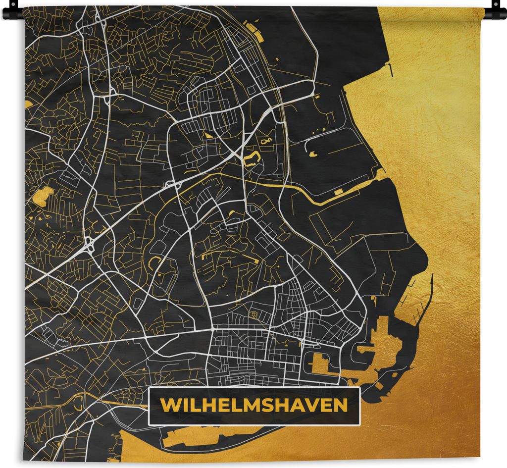 MuchoWow Wandteppich Wandbehang Wilhelmshaven - Stadtplan - Gold - Deutschland - Karte 120x120 cm Tapisserie Dekoration Wandtuch - Modern - Baumw...