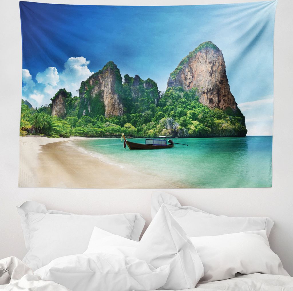 ABAKUHAUS Meer Wandteppich, Thailand Fels Cliff Beach aus Weiches Mikrofaser Stoff Waschbar ohne Verblassen Digitaldruck, 150 x 110 cm, Blau Grün