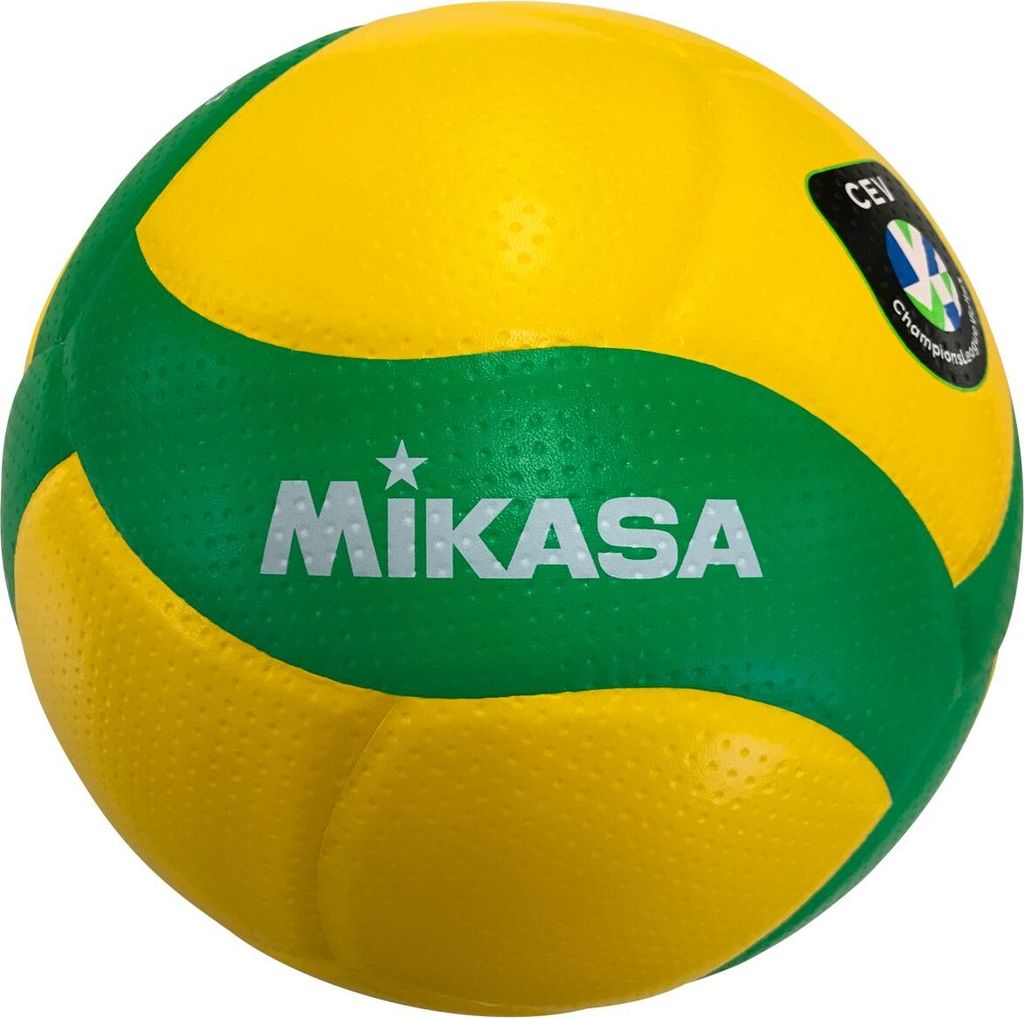 A yellow and green volleyball with the Mikasa logo.