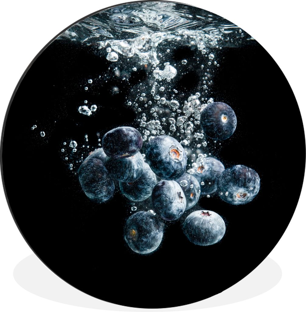 MuchoWow Aluminium Wandkreis Blaubeeren - Obst - Beeren - Stillleben - Wasser - Schwarz Ø 90 cm Wanddeko Modern Wohnzimmer - Mauerkreis - Wandbi...