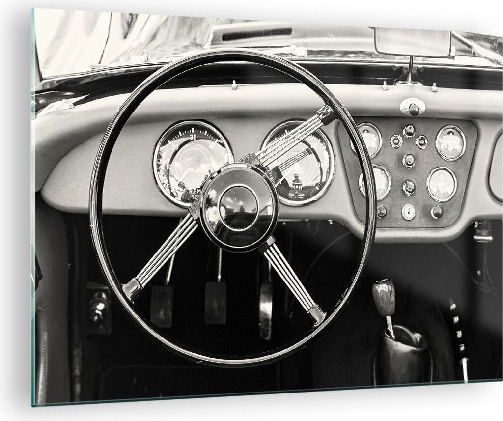 Bilder auf glas - Einteilig - Lenkrad Auto Vintage - 70x50cm - Glasbilder - Wandbilder - Bilder - zum Aufhängen bereit - Wanddekoration aus Glas -...