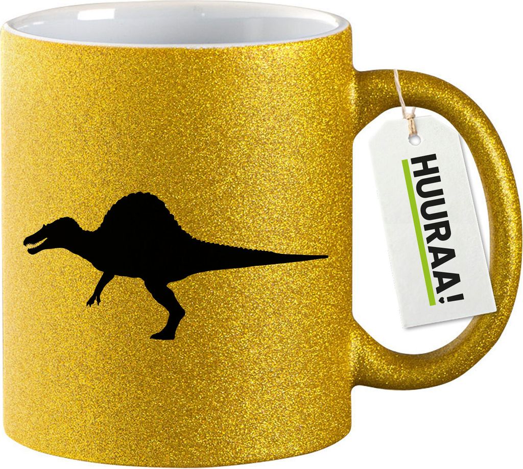 Huuraa Glitzertasse Spinosaurus Dinosaurier 330ml Gold Keramik Kaffeebecher Geschenkidee