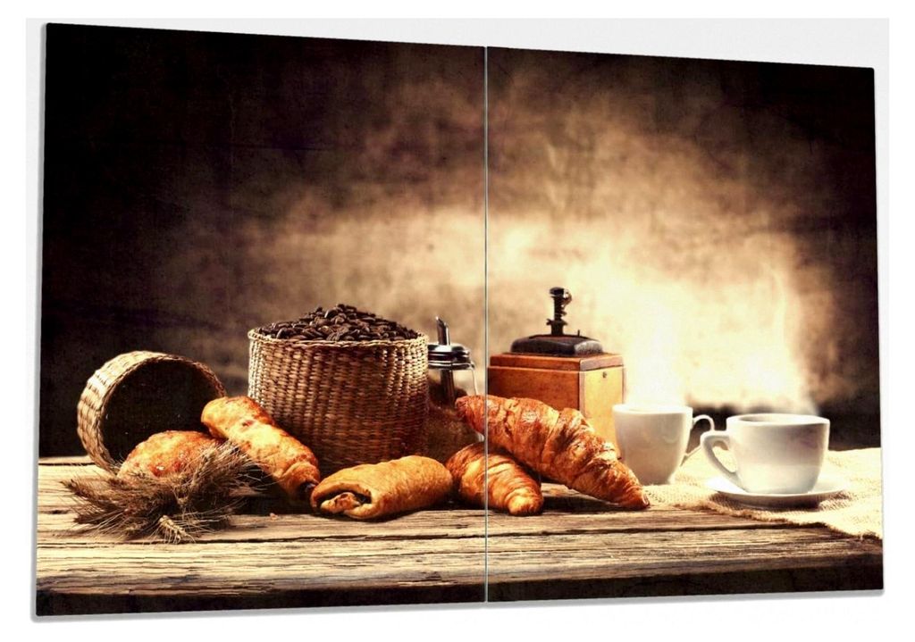 Herdabdeckplatte/Spritzschutz aus Glas, 2-teilig, 80x52cm, für Glaskeramik- und Induktionsherde, Französisches Frühstück mit Café und Croissants
