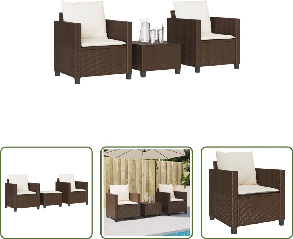 The Living Store 3-tlg. Bistro-Set mit Kissen Braun Poly Rattan
