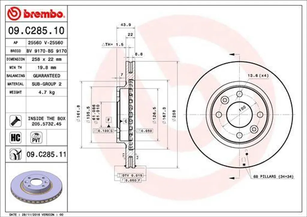 Brembo 09.C285.11 Disque de Frein pour Renault Clio IV et Clio V