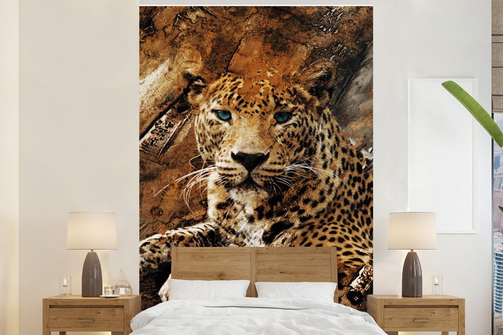 MuchoWow Fototapete für Wohnzimmer oder Schlafzimmer Wandtapete Vinyl Motivtapete Leopard - Steine - Wand - 170x260 cm - Wohnzimmertapete