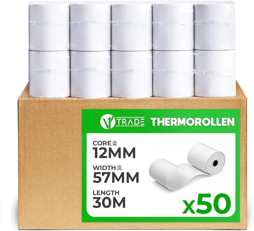 V1 Trade Rouleaux Thermiques 57mm x 30m x 12mm pour Caisse - Lot de 50