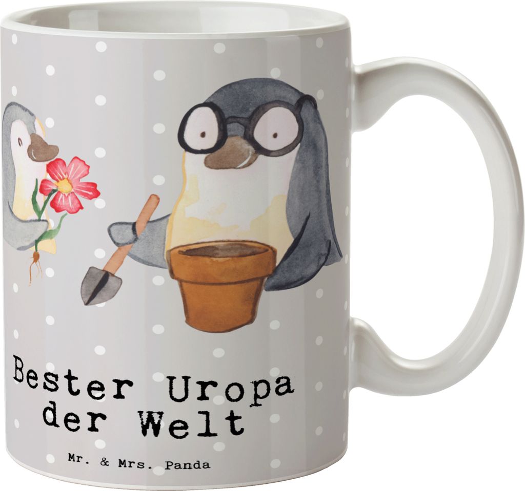 Mr. & Mrs. Panda Tasse Pinguin Bester Uropa der Welt - Grau Pastell - Geschenk, Becher, Keramiktasse, Ur Opa, Teetasse, Geburtstag, Großvater, Kle...