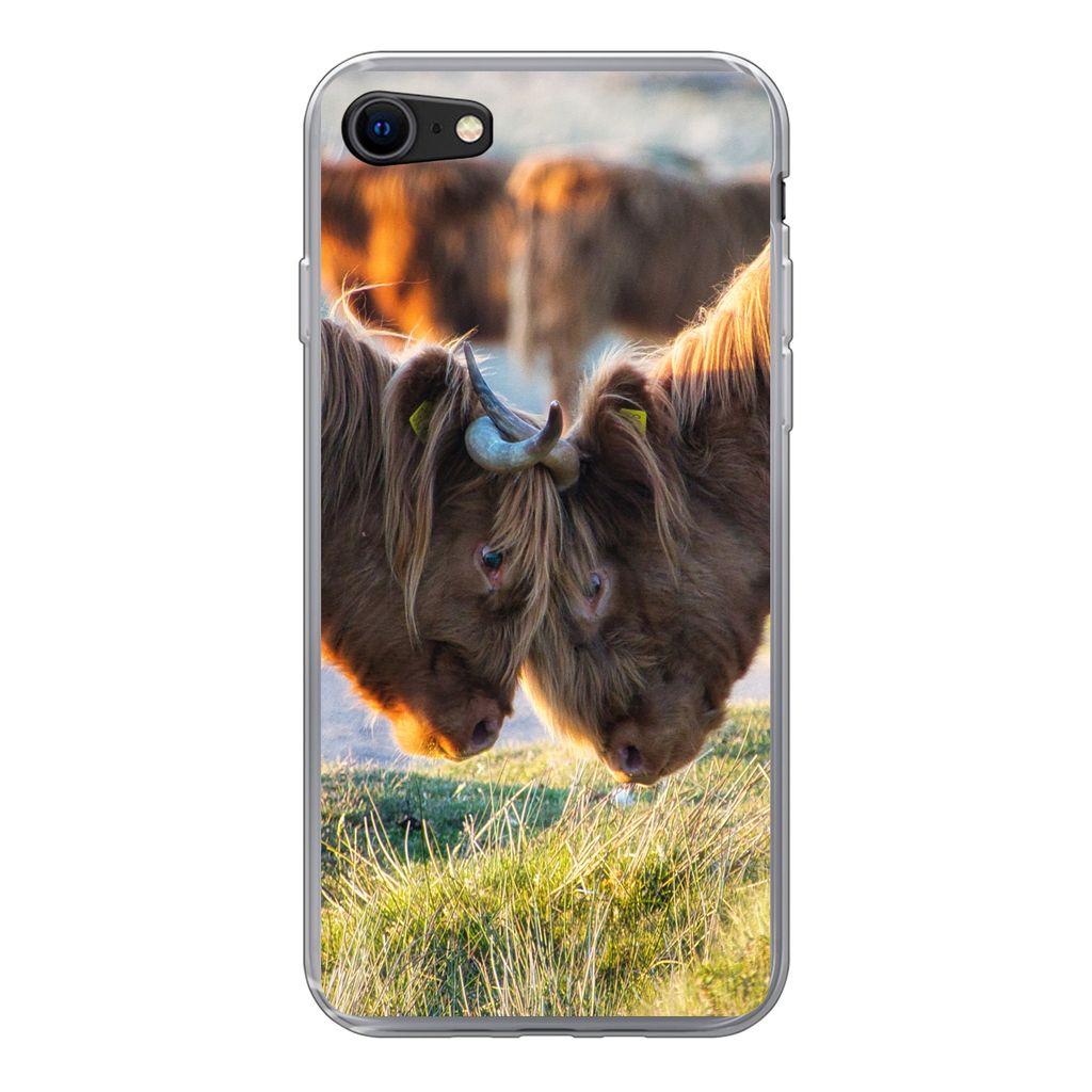 MuchoWow Handyhülle Schutzhülle Hülle für iPhone 7 Schottische Highlander - Tiere - Sonne Silikon Softcase Handy Hülle - Kartenhalter