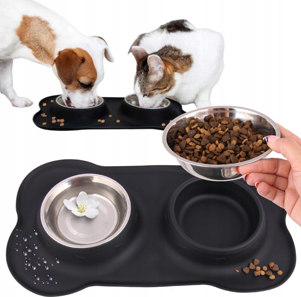 Ecuelle double pour chiens et chats avec tapis antidérapant Image du produit 
