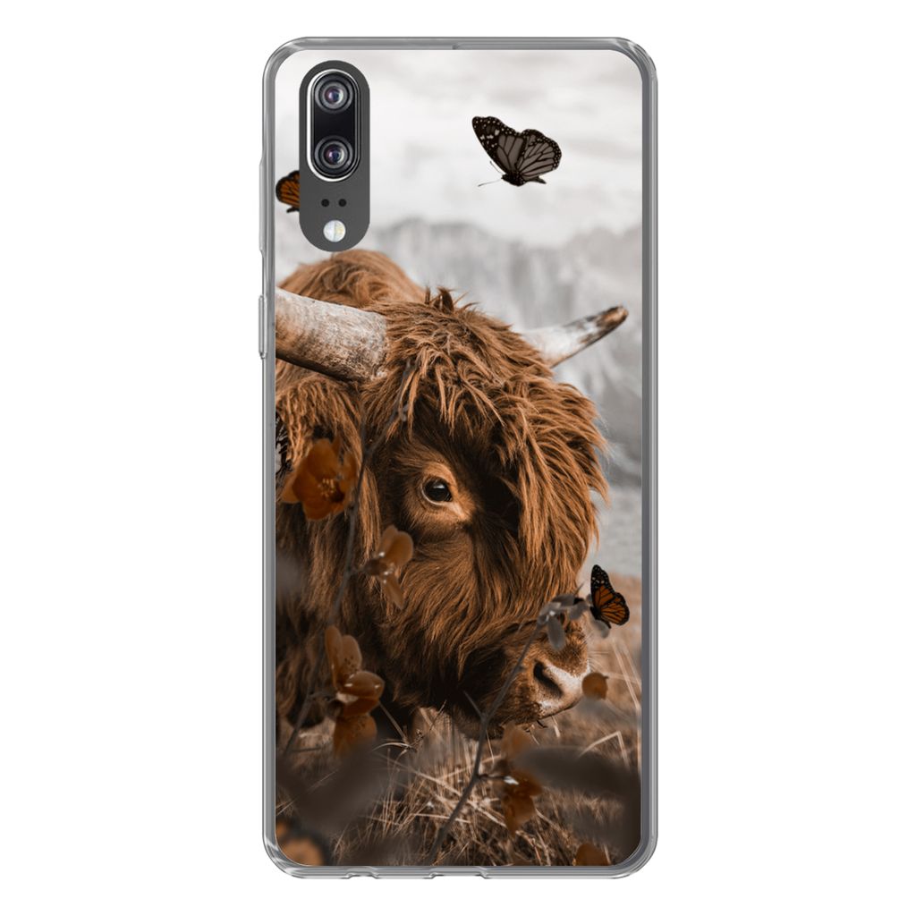 MuchoWow Handyhülle Schutzhülle Hülle für Huawei P20 Scottish Highlander - Schmetterlinge - Pflanzen Silikon Softcase Handy Hülle - Hardcover