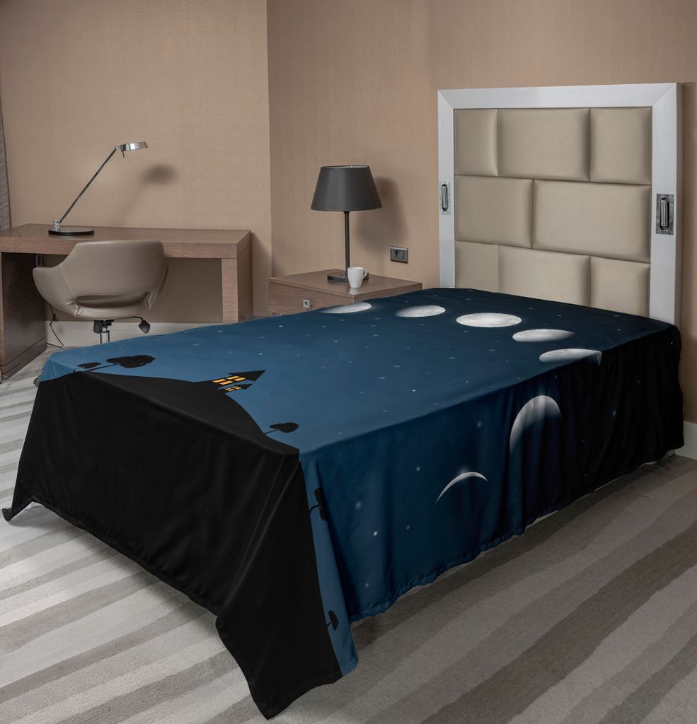 ABAKUHAUS Mond Bettlaken, Mondphasen und Sterne Little Houses Hills Silhouette Nachthimmel Illustration Drucken, weiches bequemes oberes Bettlaken ...