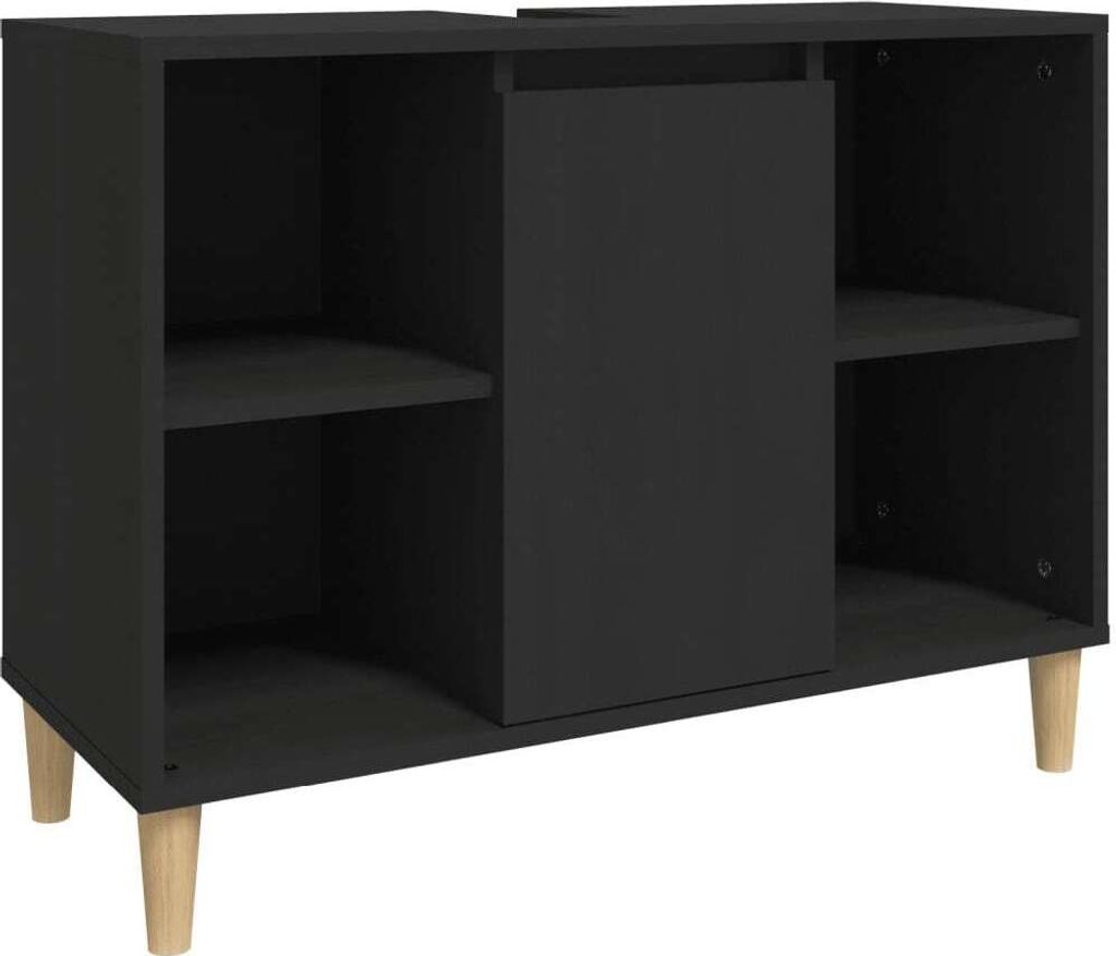 A black cabinet with wooden legs against a white background.