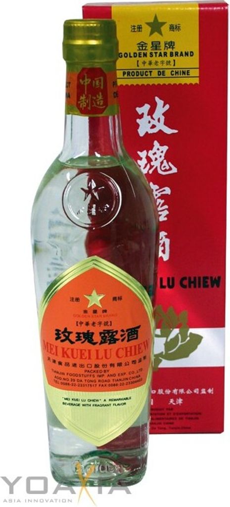 A bottle of Mei Kuei Lu Chiew spirit with its red box packaging.