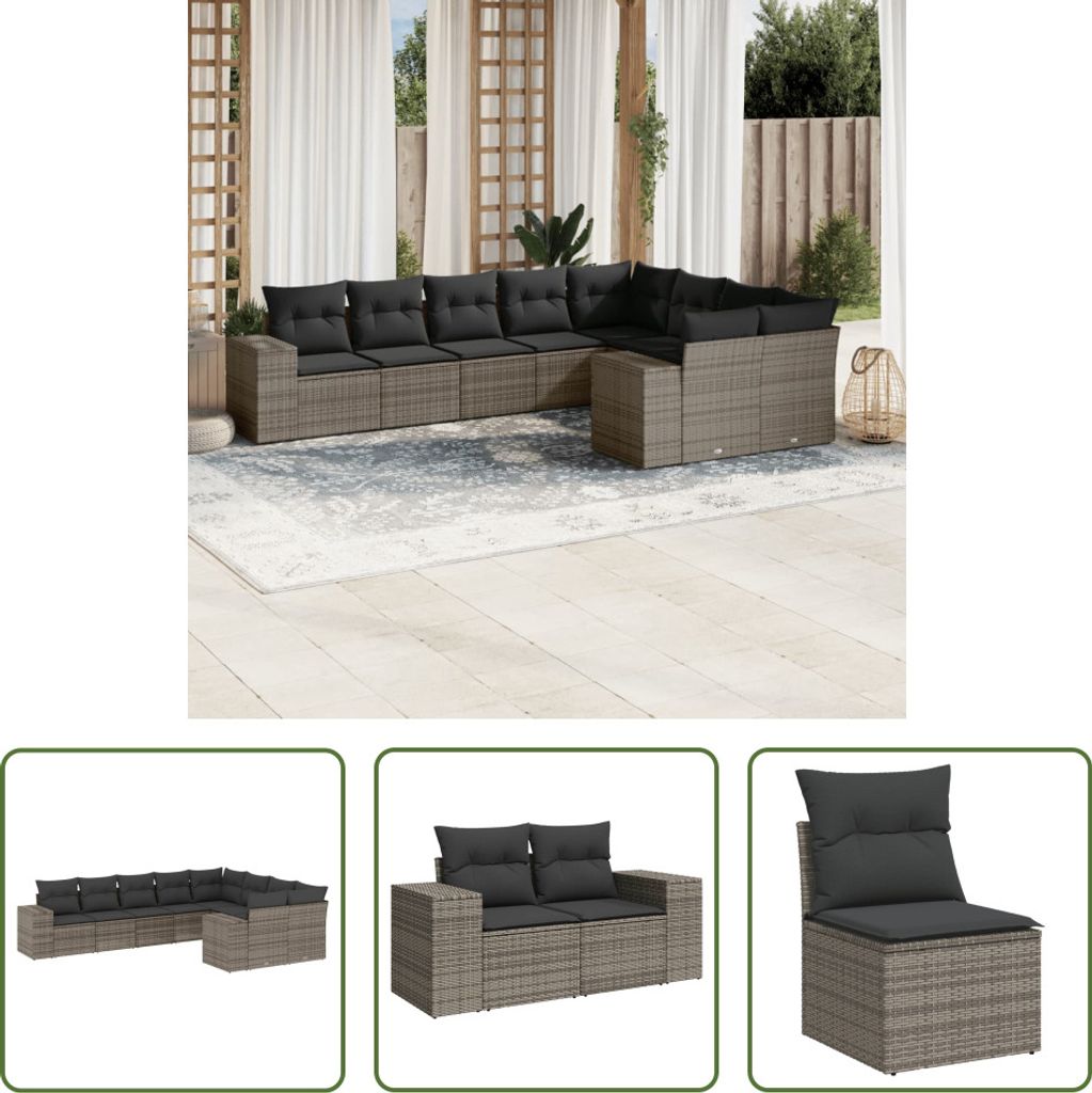 The Living Store 9-tlg. Garten-Sofagarnitur mit Kissen Grau Poly Rattan